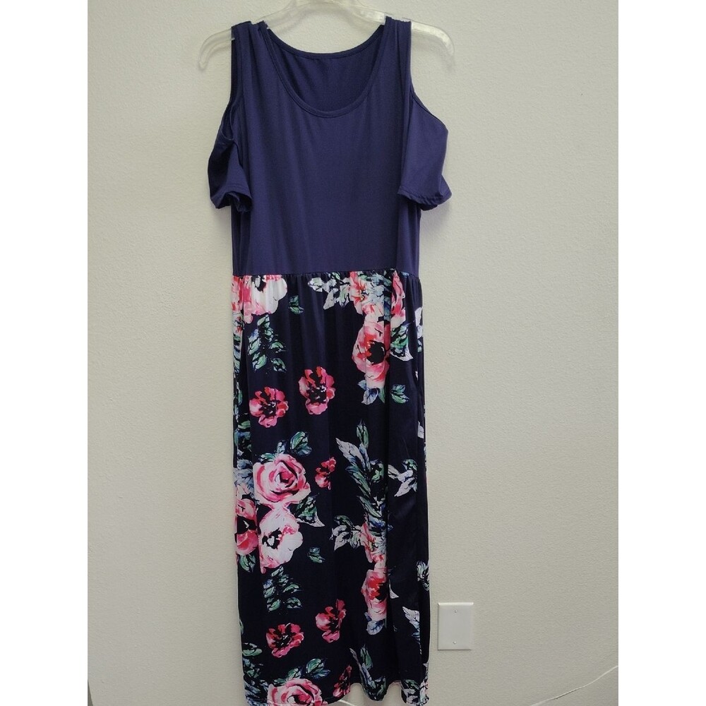 Women's Navy Cold-Shoulder Floral Maxi Dress